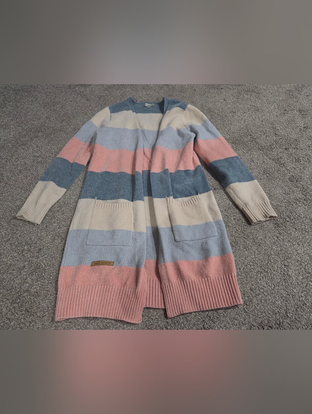 Simply Southern Blue Pink Cream Striped Open-Front Cardigan Size M
